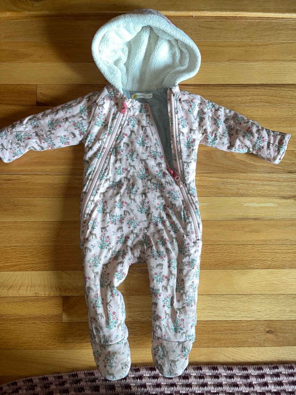 Baby Boden Pink Floral Hooded Footie One-Piece 6-12 months
